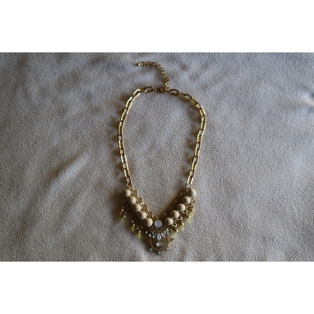 Gold Tone Chain Link Bead Necklace White Marbled Faux Howlite Rhinestone AB 17"+ - Picture 3 of 10